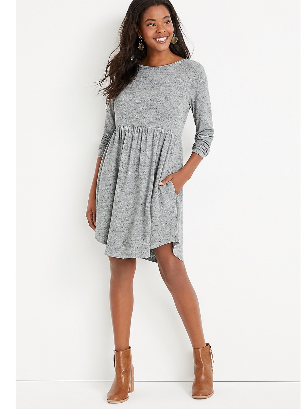 Maurices Heather Gray Plus Size Casual Long-Sleeve Swing Dress with Pockets